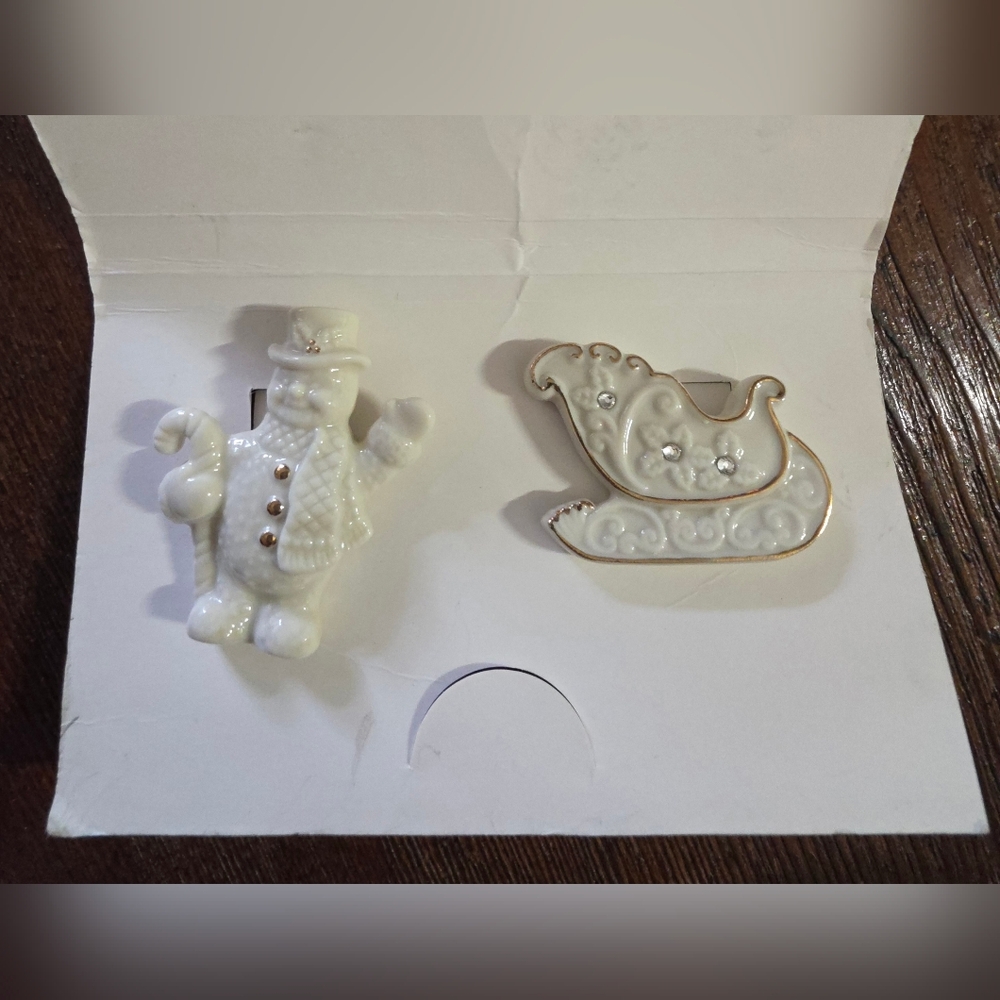 Lenox Festive Snowman and Sleigh Brooch Set